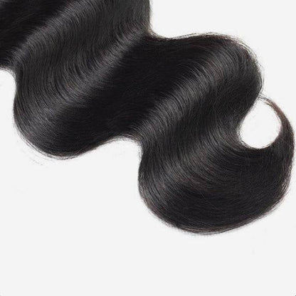 Virgin Body Wave 4x4 HD Lace with smooth, natural black waves. Seamless blend for styling, tangle-free, and suitable for dyeing or bleaching.