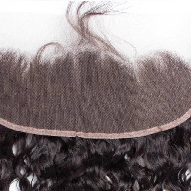 Close-up of Celebrity Styles Virgin Water Wave 13x4 HD Lace Frontal showcasing the transparent lace and realistic hairline for a seamless look.